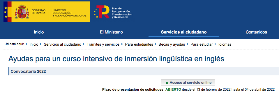 2400 ayudas para curso intensivo de inmersión lingüística en inglés (alumnado becario Bachillerato y FP Grado Medio)