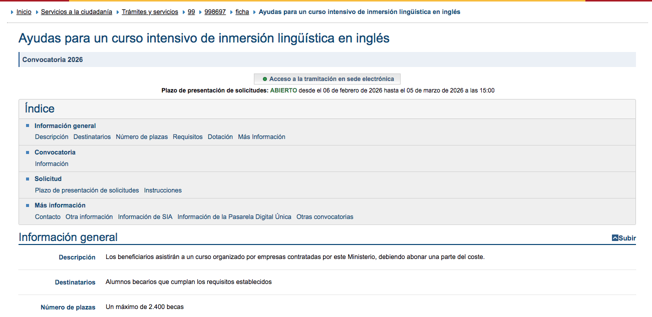 Becas Programa Intensivo Inmersión Lingüística Inglés para Bachillerato y Grado Medio FP